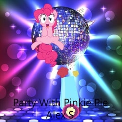 Size: 900x900 | Tagged: safe, artist:alex s., artist:user15432, pinkie pie, earth pony, pony, g4, album, album cover, confetti, dance floor, dance party, disco ball, lights, looking at you, open mouth, open smile, party, party cannon, party with pinkie, smiling, solo