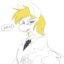 Size: 3000x3000 | Tagged: safe, alternate version, artist:acey, derpibooru exclusive, oc, oc only, oc:graphite olovka, pegasus, pony, bags under eyes, blonde hair, blue eyes, clip studio paint, clothes, colored, german, glasses, id card, lab coat, necktie, pegasus oc, round glasses, scientist, simple background, solo, white background