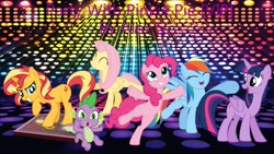 Size: 1280x720 | Tagged: safe, artist:alex s., artist:user15432, fluttershy, pinkie pie, rainbow dash, spike, sunset shimmer, twilight sparkle, alicorn, dragon, earth pony, pegasus, pony, unicorn, g4, dance floor, dance party, dancing, eyes closed, female, horn, indoors, lights, male, open mouth, open smile, party, party with pinkie, smiling, twilight sparkle (alicorn), winged spike, wings