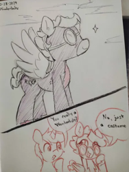 Size: 446x593 | Tagged: safe, artist:taurson, oc, oc only, oc:coffee, oc:hors, pegasus, pony, unicorn, clothes, dialogue, duo, duo male and female, female, goggles, horn, male, mare, monochrome, oc-tober, partial color, pen drawing, speech bubble, spread wings, stallion, traditional art, uniform, wings, wonderbolts uniform