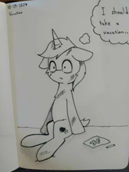 Size: 446x593 | Tagged: safe, artist:taurson, oc, oc only, oc:coffee, pony, unicorn, floppy ears, grayscale, horn, male, monochrome, oc-tober, pen drawing, sitting, solo, stallion, thought bubble, traditional art