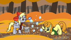 Size: 1920x1080 | Tagged: safe, artist:platinumdrop, carrot top, derpy hooves, golden harvest, earth pony, pegasus, pony, g4, autumn, blank flank, bow, bubble, bubble wand, bucket, clothes, commission, cute, cutie top, derpabetes, female, filly, filly carrot top, filly derpy hooves, foal, hair bow, happy, mouth hold, playing, scarf, younger