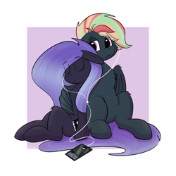 Size: 2689x2689 | Tagged: safe, artist:single purpose, oc, oc only, oc:kyradeen, oc:treading step, earth pony, pegasus, duo, eyes closed, headphones, hug, iphone, listening, listening to music, music, passepartout, phone, sharing, sharing headphones, sitting, smartphone, winghug, wings