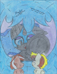 Size: 2550x3295 | Tagged: safe, artist:fliegerfausttop47, derpibooru exclusive, nightmare moon, princess luna, oc, oc:cherry cookie, oc:countess sweet bun, alicorn, earth pony, pegasus, mlp fim's fourteenth anniversary, blue eyes, brown coat, brown eyes, brown mane, colored pencil drawing, cute, earth pony oc, ethereal mane, female, frog (hoof), gift art, hoof shoes, it's coming right at us, looking at each other, looking at someone, looking at you, low angle, micro, nervous, open mouth, pegasus oc, pencil drawing, perspective, shocked, sitting, slit pupils, starry mane, traditional art, trio, trio female, underhoof, worried, yellow coat, yellow mane