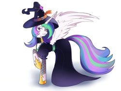 Size: 1280x960 | Tagged: safe, artist:lipona, gameloft, princess celestia, alicorn, pony, g4, clothes, colorful, costume, dress, female, halloween, halloween costume, hat, holiday, horn, jewelry, necklace, purple eyes, raised hoof, simple background, smiling, smirk, solo, tall, wings