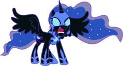 Size: 609x326 | Tagged: safe, anonymous artist, nightmare moon, alicorn, pony, mlp fim's fourteenth anniversary, g4, .svg available, angry, ethereal mane, eyelashes, female, full body, helmet, hoof shoes, horn, mare, peytral, simple background, solo, spread wings, starry mane, svg, transparent background, vector, wings