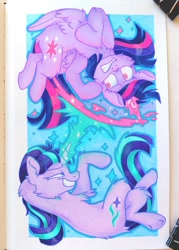 Size: 1097x1536 | Tagged: safe, artist:thunderball, starlight glimmer, twilight sparkle, alicorn, pony, g4, female, glowing, glowing horn, horn, mare, photo, solo, traditional art, twilight sparkle (alicorn), wings