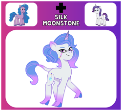 Size: 1650x1500 | Tagged: safe, artist:prixy05, izzy moonbow, rarity, oc, oc:silk moonstone, pony, unicorn, g4, g5, my little pony: tell your tale, concave belly, female, fusion, fusion:izzy moonbow, fusion:rarity, horn, izzy and her 2nd heroine, leonine tail, mare, slender, tail, thin