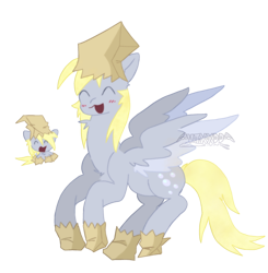 Size: 2322x2373 | Tagged: safe, artist:vtxxdd, derpy hooves, pegasus, pony, g4, bag, blush lines, blushing, clothes, costume, eyes closed, happy, nightmare night costume, open mouth, paper bag, paper bag wizard, simple background, solo, spread wings, transparent background, wings