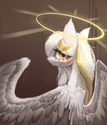 Size: 4000x4700 | Tagged: safe, artist:anastas, oc, oc only, oc:gold.de, pegasus, pony, gift art, gradient background, halo, looking at you, looking back, partially open wings, slender, solo, sternocleidomastoid, thin, wings