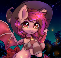 Size: 4000x3800 | Tagged: safe, artist:radioaxi, oc, oc only, oc:velvet silverwing, bat pony, pony, bat pony oc, bat wings, bell, bell collar, collar, female, hat, high res, looking at you, mare, night, night sky, outdoors, shooting star, sky, smiling, smiling at you, solo, stars, wings, witch hat