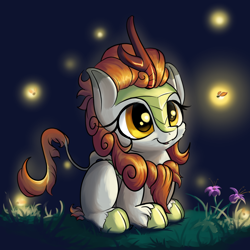 Size: 1800x1800 | Tagged: safe, artist:rocket-lawnchair, autumn blaze, firefly (insect), insect, kirin, g4, awwtumn blaze, cheek fluff, cloven hooves, cute, female, filly, grass, horn, leonine tail, lying down, mare, night, outdoors, ponyloaf, prone, smiling, solo, tail, unshorn fetlocks, weapons-grade cute