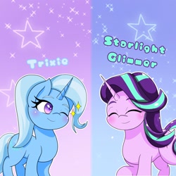 Size: 2048x2048 | Tagged: safe, artist:zeon_starlight, starlight glimmer, trixie, pony, unicorn, g4, blushing, duo, duo female, eyes closed, female, gradient background, high res, horn, mare, one eye closed, smiling