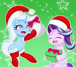 Size: 2048x1807 | Tagged: safe, artist:zeon_starlight, starlight glimmer, trixie, pony, unicorn, g4, blushing, christmas, duo, duo female, eyes closed, female, gradient background, hat, holiday, horn, mare, open mouth, santa hat