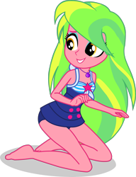 Size: 3052x3975 | Tagged: safe, alternate version, artist:dustinwatsongkx, lemon zest, human, equestria girls, g4, my little pony equestria girls: better together, x marks the spot, accessory swap, armpits, bare shoulders, barefoot, clothes, clothes swap, cute, feet, female, geode of telekinesis, grin, jewelry, kneeling, looking over shoulder, magical geodes, necklace, one-piece swimsuit, sci-twi swimsuit, simple background, sleeveless, smiling, solo, swimsuit, swimsuit swap, teeth, transparent background, vector, zestabetes