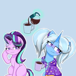 Size: 2048x2048 | Tagged: safe, artist:zeon_starlight, gameloft, starlight glimmer, trixie, pony, g4, my little pony: magic princess, alternate hairstyle, babysitter trixie, blushing, clothes, coffee, coffee pot, duo, duo female, female, glowing, glowing horn, high res, hoodie, horn, levitation, magic, magic aura, mare, mug, telekinesis