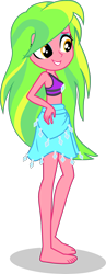 Size: 1484x3829 | Tagged: safe, alternate version, artist:dustinwatsongkx, lemon zest, human, equestria girls, g4, armpits, bare arms, bare legs, bare shoulders, barefoot, beads, bikini, bikini top, blue eyeshadow, clothes, clothes swap, cute, diamonds, eyeshadow, feet, female, golden eyes, green hair, grin, hand on hip, how do i look?, makeup, midriff, rarity's blue sarong, rarity's purple bikini, sarong, side view, simple background, skirt, sleeveless, smiling, solo, swimsuit, swimsuit swap, teeth, transparent background, turned head, zestabetes