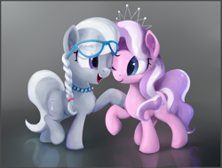 Size: 2183x1653 | Tagged: safe, artist:scootiebloom, diamond tiara, silver spoon, earth pony, pony, g4, best friends, duo, duo female, female, filly, foal, glasses, jewelry, looking at each other, looking at someone, necklace, one eye closed, open mouth, open smile, raised hoof, smiling, smiling at each other, tail, tiara