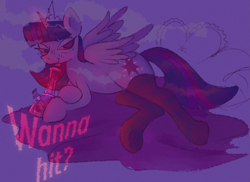 Size: 1961x1426 | Tagged: safe, artist:catponything, twilight sparkle, alicorn, pony, g4, blanket, bong, clothes, drug use, drugs, female, highlight sparkle, lying down, magic, magic aura, mare, marijuana, pillow, relaxing, smoke, socks, solo, spread wings, striped socks, sultry pose, thigh highs, twilight sparkle (alicorn), wings