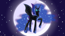 Size: 1920x1080 | Tagged: safe, artist:crisostomo-ibarra, nightmare moon, princess luna, alicorn, pony, mlp fim's fourteenth anniversary, g4, concave belly, ethereal mane, female, flowing mane, flying, glowing, glowing eyes, mare, moon, night, outdoors, raised hoof, slender, solo, spread wings, starry mane, stars, tall, thin, wings