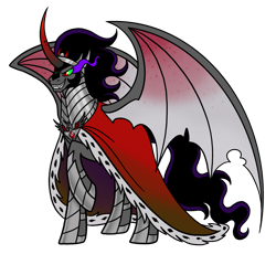 Size: 3852x3542 | Tagged: safe, artist:melspyrose, king sombra, alicorn, pony, g4, alicorn amulet, alicorn sombra, alicornified, bat wings, cape, clothes, curved horn, demon wings, evil, evil smile, grin, headcanon in the description, horn, jewelry, lore in description, male, race swap, red eyes, regalia, sharp teeth, simple background, smiling, solo, sombra eyes, sombracorn, stallion, story included, tail, teeth, transparent background, wavy hair, wavy tail, wings