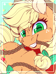 Size: 1800x2400 | Tagged: safe, alternate version, artist:thehaywaiianhorse, applejack, earth pony, pony, g4, apple, applejack's hat, bandana, border, bow, bust, cowboy hat, eye clipping through hair, eyebrows, eyebrows visible through hair, female, food, freckles, hair bow, hat, looking at you, mare, mouth hold, portrait, rope, signature, smiling, smiling at you, solo, stars, tail, tail bow