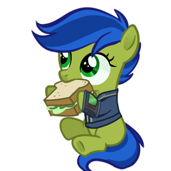 Size: 1280x1280 | Tagged: safe, oc, oc only, oc:scotch tape, pony, fallout equestria, fallout equestria: project horizons, fanfic art, female, foal, food, sandwich, simple background, sitting, solo, transparent background