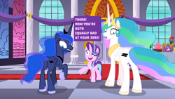 Size: 1920x1080 | Tagged: safe, edit, edited screencap, editor:silvery, screencap, princess celestia, princess luna, starlight glimmer, alicorn, pony, unicorn, a royal problem, g4, my little pony: friendship is magic, caption, equal cutie mark, female, horn, indoors, mare, text, this will end in tears