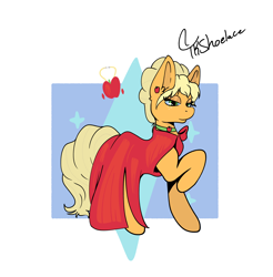 Size: 3708x3771 | Tagged: safe, artist:tkshoelace, applejack, earth pony, pony, g4, apple, clothes, dress, ear fluff, ear piercing, eyelashes, eyeshadow, fancyjack, female, food, lidded eyes, makeup, mare, passepartout, piercing, raised leg, solo