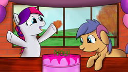 Size: 1920x1080 | Tagged: safe, artist:anonymous, oc, oc only, oc:kitty love, earth pony, pony, (you), balloon, birthday cake, birthday party, brick wall, cake, candle, drawthread, duo, duo female, earth pony oc, female, female oc, food, indoors, mare oc, orange coat, party, raised hooves, requested art, tree, two toned mane, white coat, window