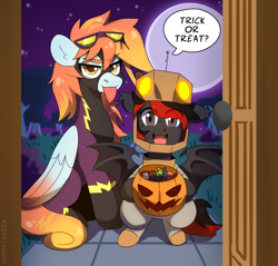 Size: 3767x3600 | Tagged: safe, artist:batavern, oc, oc only, oc:shadow sky, oc:wind east, bat pony, pegasus, candy, clothes, costume, duo, food, halloween, halloween costume, holiday, moon, night, oc x oc, pumpkin bucket, robot costume, shadowbolts, shadowbolts costume, shipping, wings