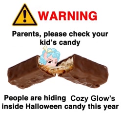 Size: 790x732 | Tagged: safe, artist:cozyglowisreal, cozy glow, pegasus, pony, g4, candy, chocolate, cozyposting, food, halloween, holiday, meme