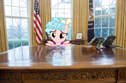 Size: 3568x2351 | Tagged: safe, artist:mlplinara14, edit, edited edit, cozy glow, pegasus, pony, g4, america is doomed, comments locked down, female, filly, foal, high res, indoors, irl, oval office, phone, photo, politics in the comments, ponies in real life, reflection, this will not end well, united states, we're all doomed, white house, xk-class end-of-the-world scenario