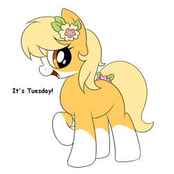 Size: 1024x1024 | Tagged: safe, oc, oc only, oc:tuesday, pony, g4, drawthread, female, female oc, flower, flower in hair, looking at you, mare, mare oc, open mouth, open smile, ponified, pony oc, raised hoof, requested art, simple background, smiling, solo, transparent background, weekday ponies