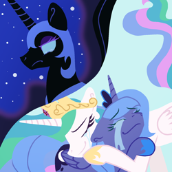 Size: 1500x1500 | Tagged: safe, artist:lindasaurie, derpibooru exclusive, nightmare moon, princess celestia, princess luna, alicorn, pony, mlp fim's fourteenth anniversary, friendship is magic, g4, my little pony: friendship is magic, clothes, crown, crying, duo, duo female, ethereal mane, eyebrows, eyebrows visible through hair, eyeshadow, female, folded wings, horn, hug, jewelry, lineless, makeup, mare, regalia, reunion, royal sisters, s1 luna, sad, shoes, sibling love, siblings, sisterly love, sisters, smiling, spread wings, tears of joy, wings