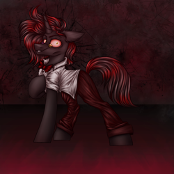 Size: 3000x3000 | Tagged: safe, artist:darklight1315, oc, oc only, oc:despair, oc:feimar, pony, unicorn, fallout equestria, angry, bowtie, clothes, fallout equestria: mayday, glasses, horn, pants, red sclera, shirt, solo, white shirt