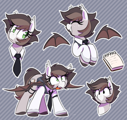 Size: 1700x1600 | Tagged: safe, artist:thebatfang, oc, oc only, oc:news flash, bat pony, pony, bat pony oc, clothes, ear tufts, eyes closed, female, female oc, mare, mare oc, necktie, notepad, open mouth, smiling, solo, spread wings, wings