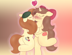 Size: 3484x2680 | Tagged: safe, artist:sparkfler85, derpibooru exclusive, oc, oc only, oc:flani bainilye, oc:hymyt, earth pony, pony, unicorn, blushing, bow, butt, female, floppy ears, freckles, gradient background, hair bow, hat, heart, holding hooves, horn, implied incest, kissing, lesbian, one leg raised, outline, shipping