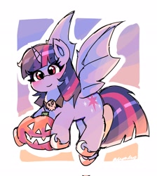 Size: 1833x2048 | Tagged: safe, artist:leo19969525, twilight sparkle, alicorn, bat pony, bat pony alicorn, g4, bat ponified, bat wings, female, halloween, holiday, horn, jack-o-lantern, looking at you, mare, passepartout, pumpkin, race swap, red eyes, smiling, solo, spread wings, twibat, twilight sparkle (alicorn), wings