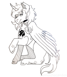 Size: 2256x2589 | Tagged: safe, artist:monnarcha, oc, oc only, alicorn, pony, alicorn oc, horn, solo, torn ear, wings