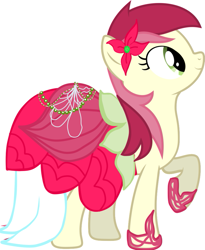 Size: 787x960 | Tagged: safe, artist:amexraibu, roseluck, earth pony, pony, g4, clothes, dress, flower, flower in hair, raised hoof, simple background, solo, white background