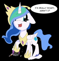 Size: 1280x1335 | Tagged: safe, artist:soccy, princess luna, alicorn, pony, mlp fim's fourteenth anniversary, g4, celestia costume, disguise, dripping paint, ethereal mane, fake cutie mark, female, filly, foal, looking at you, not celestia, paint bucket, peytral, seems legit, smiling, solo, speech bubble