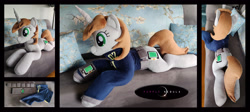 Size: 4000x1796 | Tagged: safe, artist:purplenebulastudios, oc, oc:littlepip, pony, unicorn, fallout equestria, clothes, female, horn, indoors, irl, jumpsuit, lying down, mare, photo, pipbuck, plushie, prone, solo, vault suit