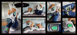 Size: 4304x1960 | Tagged: safe, artist:purplenebulastudios, oc, oc:littlepip, pony, unicorn, fallout equestria, clothes, female, horn, indoors, irl, jumpsuit, lying down, mare, photo, pipbuck, plushie, prone, solo, vault suit