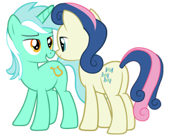 Size: 6000x4777 | Tagged: safe, alternate version, artist:fluffytuli, bon bon, lyra heartstrings, sweetie drops, earth pony, pony, unicorn, g4, absurd resolution, artifact, bedroom eyes, best friends, bon butt, butt, duo, duo female, female, grin, horn, lesbian, looking at each other, looking at someone, plot, ship:lyrabon, shipping, simple background, smiling, transparent background, vector