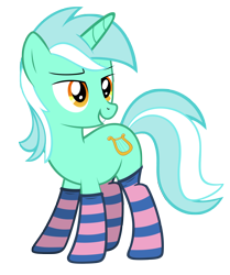 Size: 3986x4777 | Tagged: safe, artist:fluffytuli, lyra heartstrings, pony, unicorn, g4, absurd resolution, artifact, bedroom eyes, clothes, female, grin, horn, implied bon bon, implied lesbian, implied lyrabon, implied shipping, mare, simple background, smiling, socks, solo, striped socks, transparent background, vector