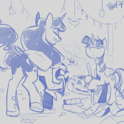 Size: 1000x1000 | Tagged: source needed, safe, artist:egil, princess luna, twilight sparkle, alicorn, pony, mlp fim's fourteenth anniversary, g4, after party, broom, cleaning, halloween, holiday, nightmare moon armor, sketch, toilet paper roll, twilight sparkle (alicorn)