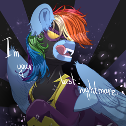 Size: 2500x2500 | Tagged: safe, artist:medkit, rainbow dash, pegasus, pony, mlp fim's fourteenth anniversary, g4, blue coat, clothes, colored ear fluff, colored lineart, colored sketch, costume, ear cleavage, ear fluff, english, fanart, fangs, feathered wings, female, glasses, half body, halloween, halloween costume, heart ears, heart shaped, high res, holiday, latex, latex suit, licking, licking lips, lightly watermarked, mare, multicolored hair, multicolored mane, nightmare night, nightmare night costume, open mouth, paint tool sai 2, partially open wings, particles, rainbow, rainbow hair, raised head, raised hoof, scotch tape, shading, shadowbolt dash, shadowbolts, shadowbolts costume, shadowbolts uniform, short mane, signature, simple background, sketch, solo, sternocleidomastoid, teeth, text, three quarter view, tongue out, wall of tags, watermark, wing fluff, wings