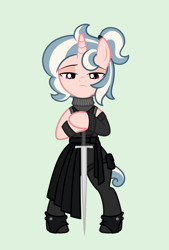 Size: 2480x3668 | Tagged: safe, artist:return 0, oc, oc only, oc:vivi poff, pony, unicorn, clothes, horn, show accurate, solo, sword, weapon