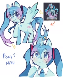 Size: 1240x1540 | Tagged: safe, artist:koasku, earth pony, pegasus, pony, unicorn, ahoge, anime, blushing, clothes, detached collar, female, full body, gradient hair, hairclip, hatsune miku, horn, long hair, looking at you, mare, multiple views, necktie, ponified, race swap, raised hoof, reference used, simple background, smiling, sparkles, spread wings, text, upper body, vocaloid, white background, wings